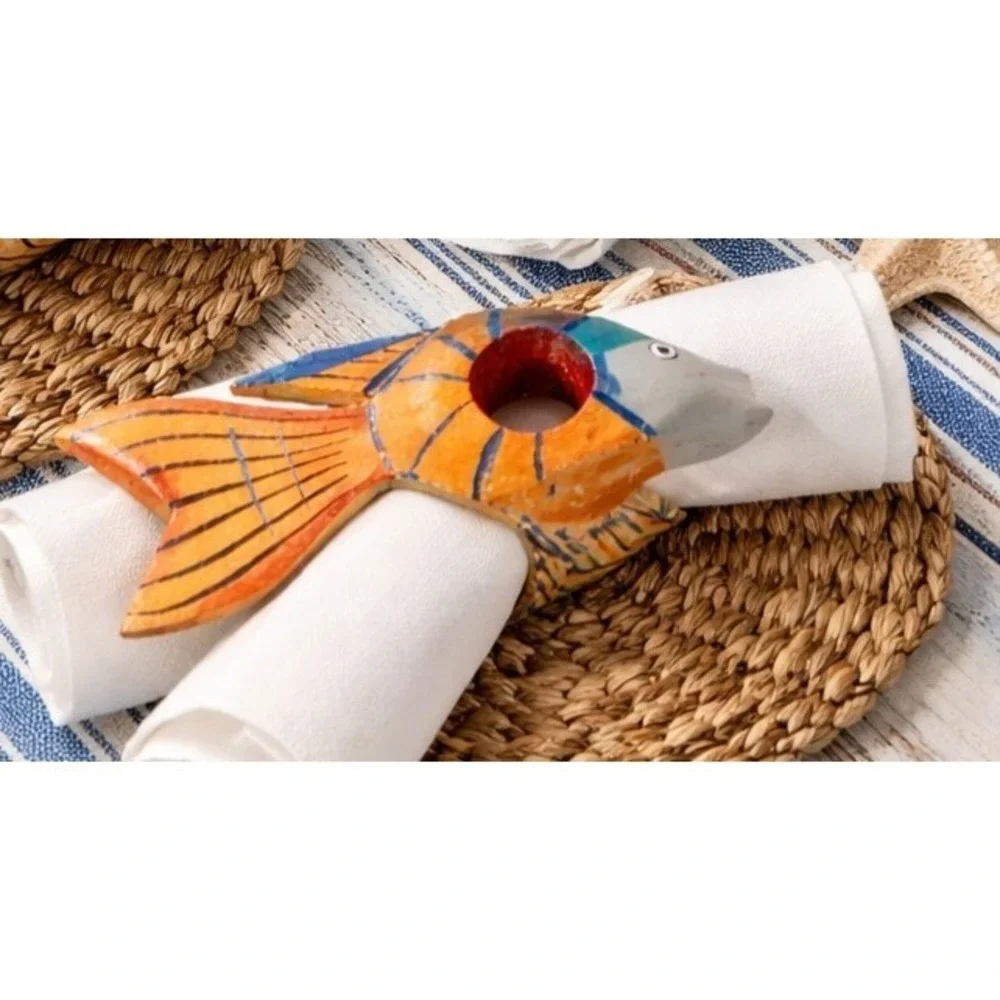 VTG Hand Painted Carved Wooden Tropical‎ Fish Sea Napkin Holders Rings Set of 8